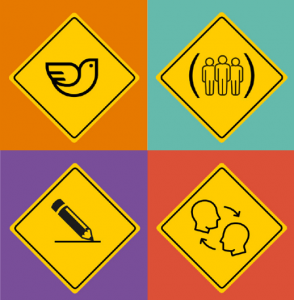 Uma imagem gráfica colorida com o desenho de quatro placas de trânsito