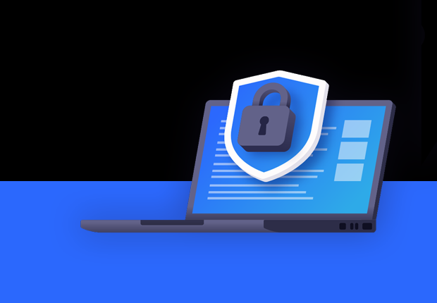 Uma imagem de um notebook em preto e azul. Acima da tela, há um desenho gráfico de um cadeado, indicando o tema de segurança digital. 